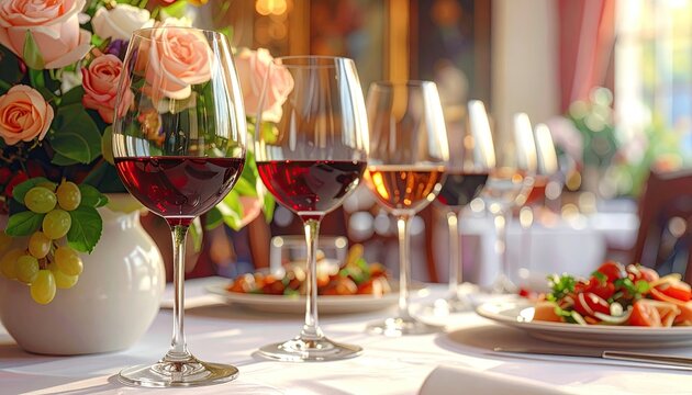 Elegant Wine Glasses in a Refined Restaurant Setting with Floral Arrangement Red and White Wine on Table - Powered by Adobe