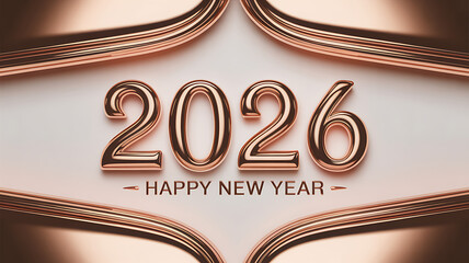 Elegant 2026 happy new year design with metallic rose gold numbers and decorative lines against a soft background perfect for festive greetings and celebratory marketing materials