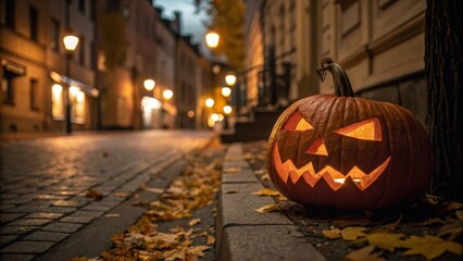 Spooky Jack-o-Lantern on Autumn Street at Night