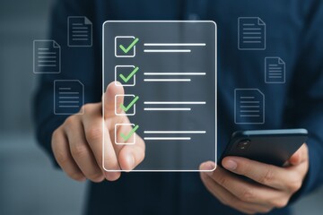 Businessman Using Smartphone to Manage Tasks and Checklists with Digital Interface Elements