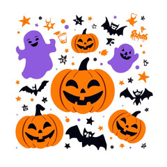 Set of scary carved pumpkins with spooky faces for a Halloween celebration on an orange background