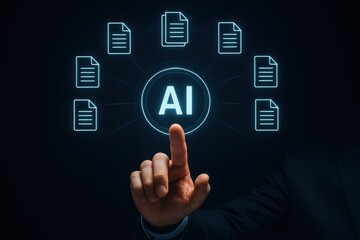 Futuristic Hand Touching AI Icon Surrounded by Document Graphics on Dark Background