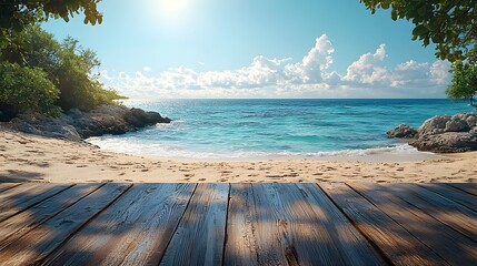 A serene tropical beach scene with a wooden deck overlooking the turquoise ocean and sandy shore under a bright sky