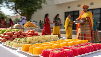 Colorful Indian Sweets Display at Outdoor Festival