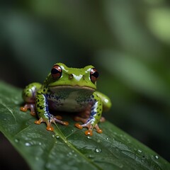 Fototapeta premium Vibrant Tree Frog Perched on Leaf A Stunning Macro Shot Capturing Nature's Beauty