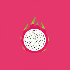 Isolated graphic of a dragon fruit cut in half with vivid pink skin and green leaves