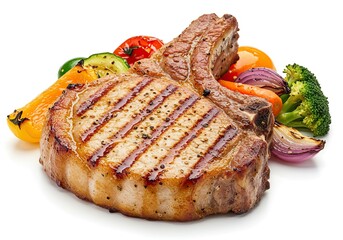 Grilled Pork Chop with Roasted Vegetables on White Background 