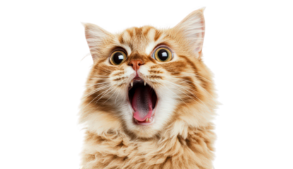 Closeup portrait of an adorable ginger cat with a surprised expression, mouth open in a wide yawn, isolated on transparent background a funny and emotive feline