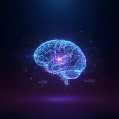 Holographic brain made of circuit lines, floating in mid-air against a dark gradient background.