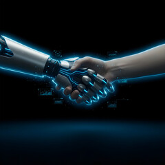 Robotic hand reaching to shake a human hand.
