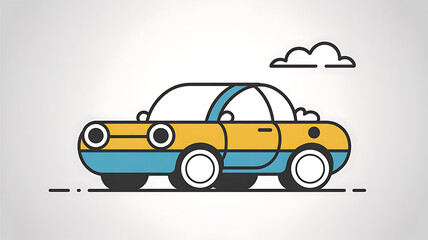 Naklejka premium A flat cartoon illustration of a two-tone yellow and blue car with a whimsical cloud above it. 