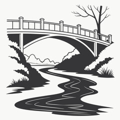 A charming black and white illustration of a picturesque arched bridge spanning a winding river surrounded by lush foliage and a solitary bare tree