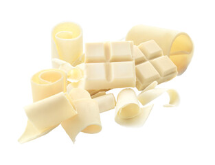 white chocolate curls and squares in an artistic pile