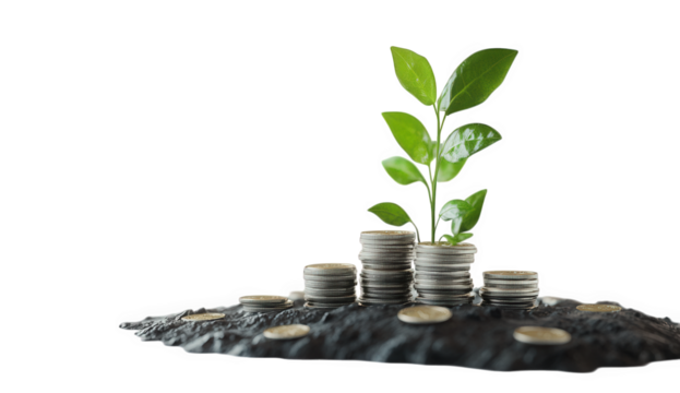 Conceptual shot of a plant growing from coins isolated on transparent background, symbolizing investment growth, financial prosperity, and sustainable business development