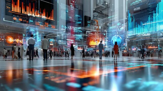 Digital Metropolis: A vibrant and futuristic cityscape buzzes with activity, as data streams and digital interfaces illuminate the scene, symbolizing the interconnectedness of modern society. - Powered by Adobe