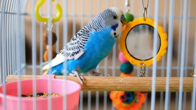 A blue parakeet perched inside a wire cage