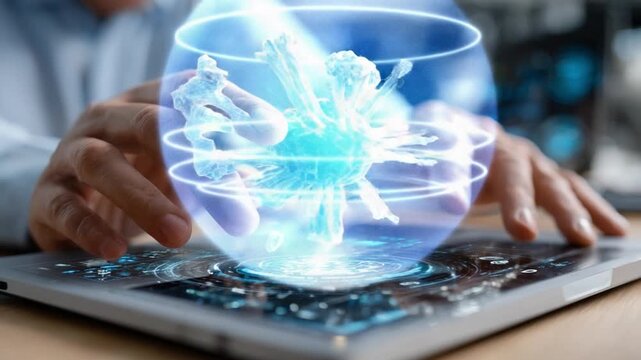 Digital Age Technology: A person delicately interacts with a futuristic holographic projection, manipulating complex data streams that bridge the gap between physical and virtual worlds.