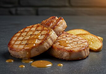 Grilled Pork Chops with Apples on White Background 