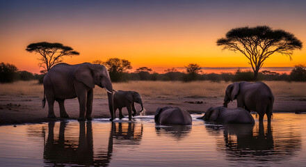 Obraz premium African elephants enjoying a serene sunset together by the watering hole in the golden hour