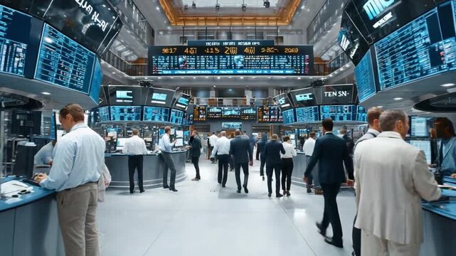 Financial Hub: The interior of a bustling trading floor captures the dynamic energy of a financial center, showcasing the screens with numbers and people working in a structured.