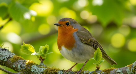 Vibrant European robin perched on mossy branch with lush green foliage and soft bokeh background