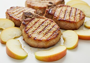 Grilled Pork Chops with Apples on White Background 