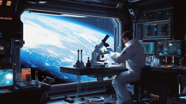 Scientist Analyzing Samples in Space Lab Over Earth