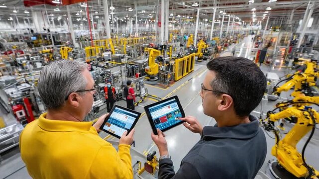 Factory Automation and Inspection: Two industry professionals engrossed in the digital ecosystem of automated factory. holding tablets.