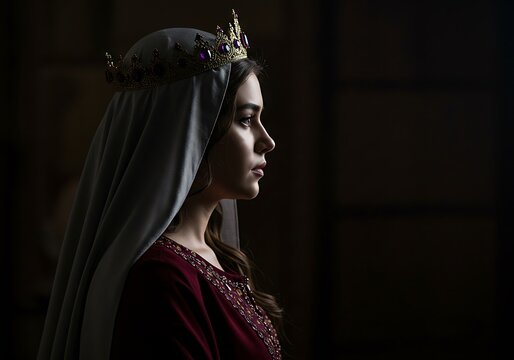 A regal profile of a woman in a historical gown and crown. Generative Ai