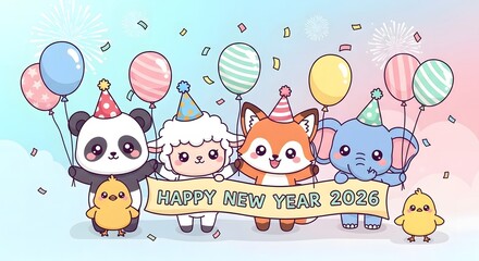 Naklejka premium A fun, colorful birthday card illustration with a cartoon bunny, a bear, and balloons celebrating a child's birthday