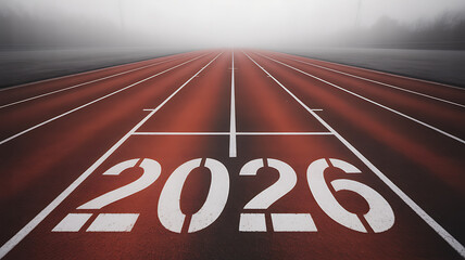 Running track with the year 2026 painted on the surface leading into the distance under a foggy sky symbolizing future goals aspirations and the pursuit of success in upcoming years