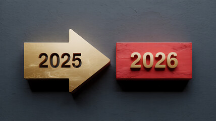 Golden arrow with 2025 points towards a red block with 2026 on a textured symbolizing future growth and financial planning for the upcoming year and beyond