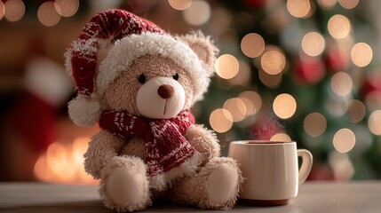 Fototapeta premium Cute teddy bear in Santa hat sitting beside a mug by the fireplace 
