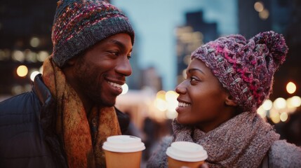 Black couple smiling and holding coffee cups on snowy city street