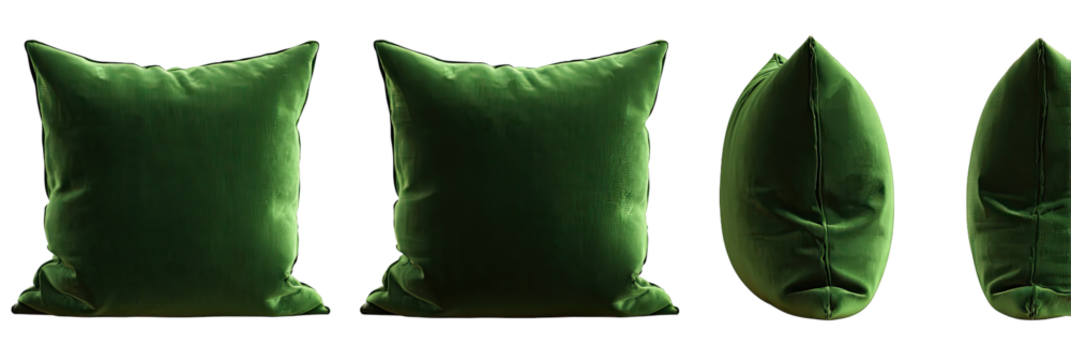 Four emerald green velvet pillows, various shapes