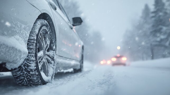 Car driving in snowy blizzard with winter tires on road  