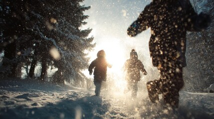 Children running joyfully in snowy forest during winter sunlight  