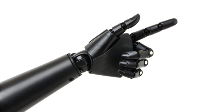 A close-up of a black robot hand pointing isolated on a white