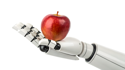 a robotic hand holding an apple isolated