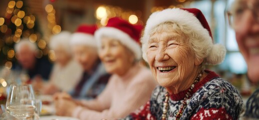 Elderly people celebrating Christmas with friends at festive table  
