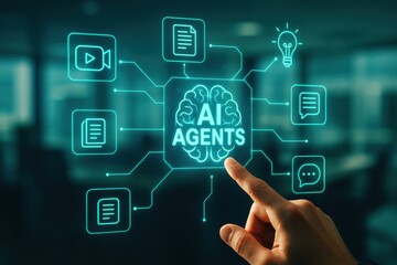 Conceptual Visualization of AI Agents with Interactive Elements and Digital Interfaces