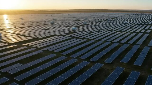 Aerial view of a vast solar farm at sunset, showcasing rows of solar panels generating renewable energy