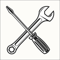 Simple line art icon of a hammer and wrench crossed together on a white background
