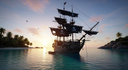 Hyper-Realistic Pirate Ship at Sea under Moonlit Night Sky