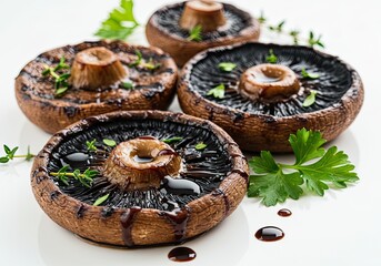Grilled Portobello Mushrooms with Balsamic Glaze on White Background 