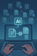 Hands Typing on Laptop with AI Document Organization in Modern Digital Workspace Concept