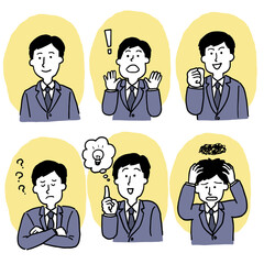スーツを着た男性会社員の色んな表情の６点セット