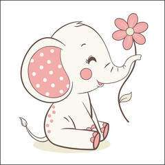 Cute baby elephant cartoon outline illustration. Easy animal coloring book page activity for kids
