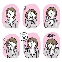 スーツを着た女性会社員の色んな表情の６点セット