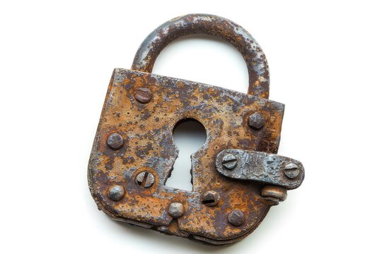 A rusty padlock with a keyhole, showcasing wear and age, symbolizing security and protection.
